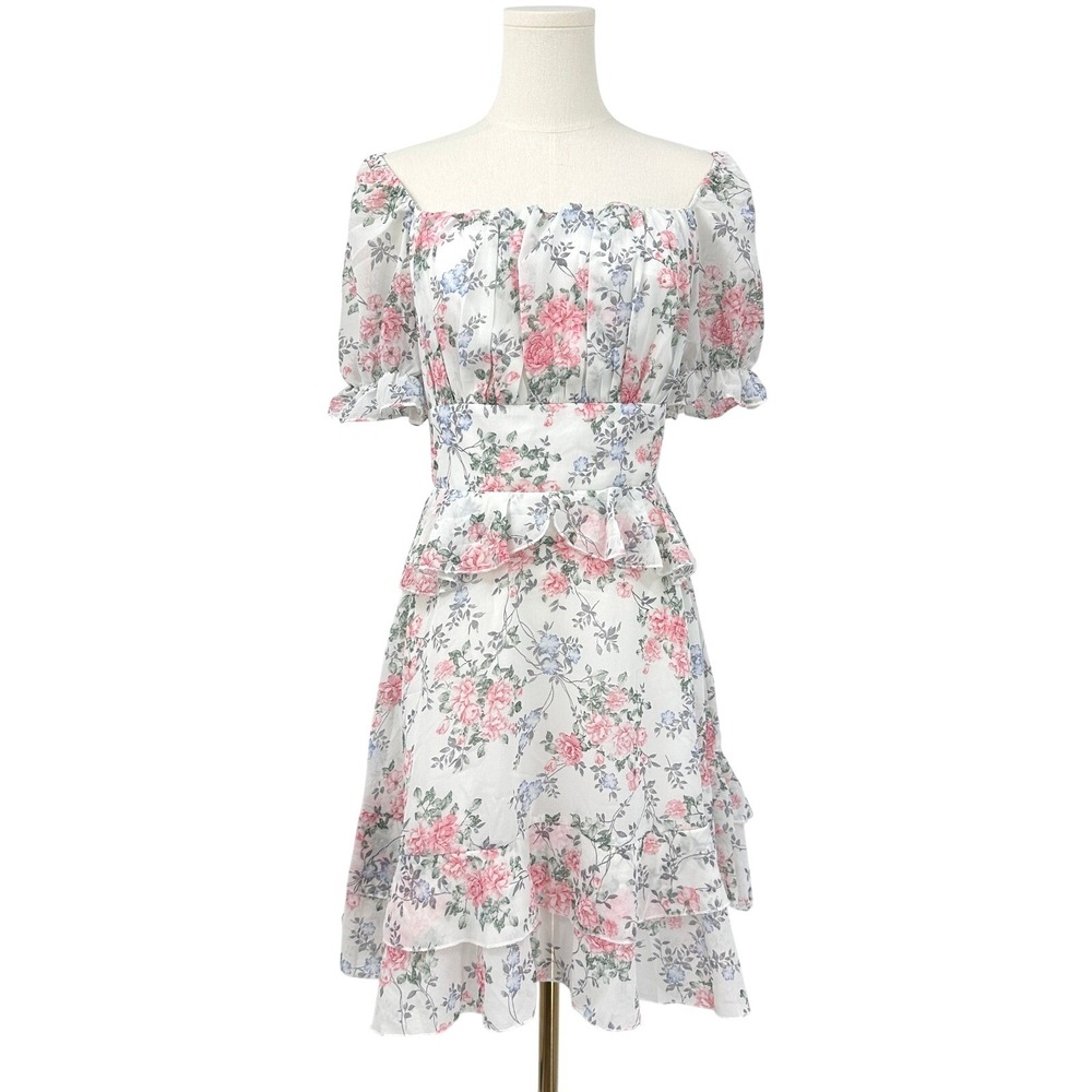 Floral Puff Sleeve Ruffle Tiered Mini Dress Medium Pink Blue‎ Cottage